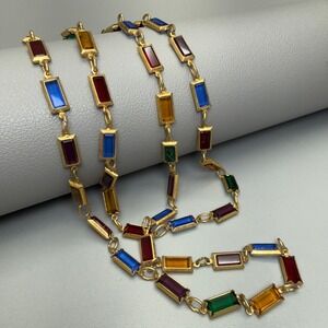 VTG Austrian USA Crystal Baguette Necklace 34" Opera Multicolor Gold Tone Bezel